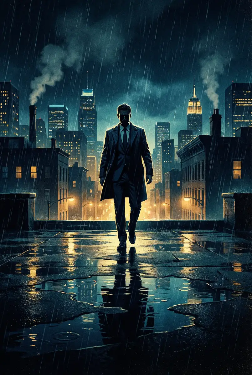 卿本佳人下载 出品影片《雨夜独行者》海报，雨中城市屋顶男性剪影